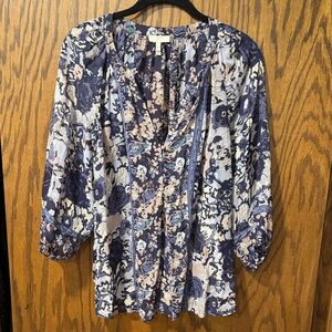 Joie Navy and Cream Floral Peasant Blouse